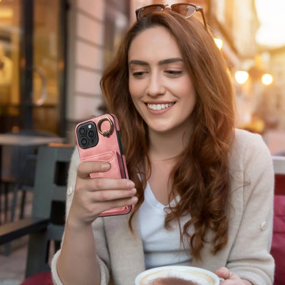 For iPhone 16 Pro Max Skin Feel Card Bag Phone Case with Ring Buckle(Rose Gold) by buy2fix