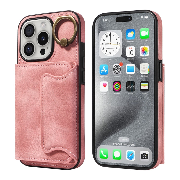 For iPhone 16 Pro Skin Feel Card Bag Phone Case with Ring Buckle(Rose Gold) by buy2fix