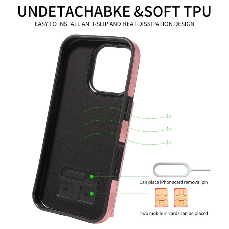 For iPhone 16 Pro Skin Feel Card Bag Phone Case with Ring Buckle(Rose Gold) by buy2fix