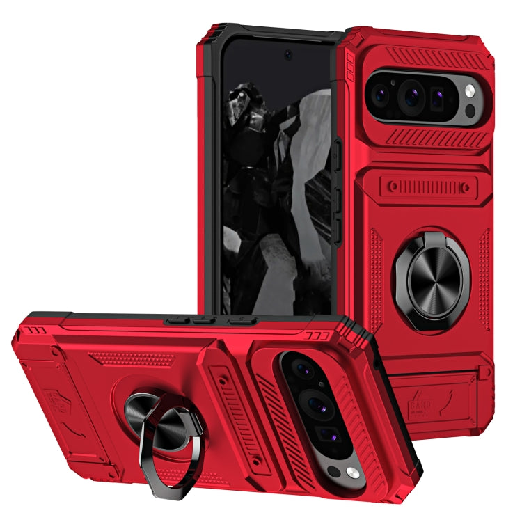 For Google Pixel 9 Pro XL TPU Hybrid PC Shockproof Card Phone Case with Metal Ring Holder(Red) by buy2fix