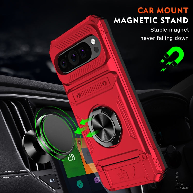 For Google Pixel 9 Pro XL TPU Hybrid PC Shockproof Card Phone Case with Metal Ring Holder(Red) by buy2fix