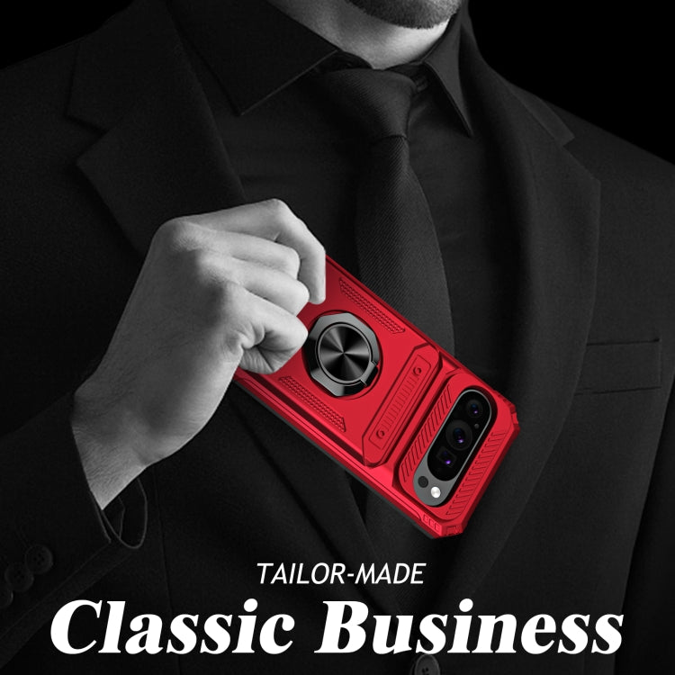 For Google Pixel 9 Pro XL TPU Hybrid PC Shockproof Card Phone Case with Metal Ring Holder(Red) by buy2fix