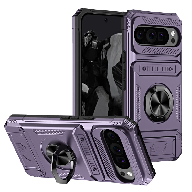 For Google Pixel 9 Pro XL TPU Hybrid PC Shockproof Card Phone Case with Metal Ring Holder(Purple) by buy2fix