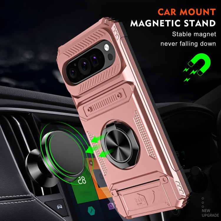 For Google Pixel 9 Pro XL TPU Hybrid PC Shockproof Card Phone Case with Metal Ring Holder(Rose Gold) by buy2fix