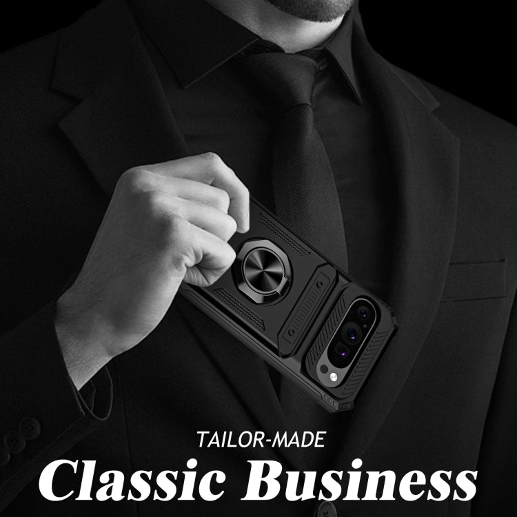 For Google Pixel 9 Pro XL TPU Hybrid PC Shockproof Card Phone Case with Metal Ring Holder(Black) by buy2fix