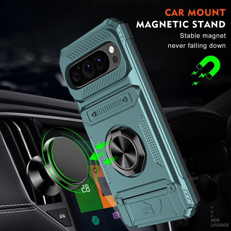 For Google Pixel 9 Pro XL TPU Hybrid PC Shockproof Card Phone Case with Metal Ring Holder(Green) by buy2fix