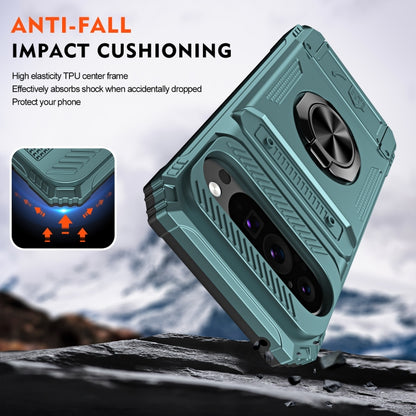 For Google Pixel 9 Pro XL TPU Hybrid PC Shockproof Card Phone Case with Metal Ring Holder(Green) by buy2fix