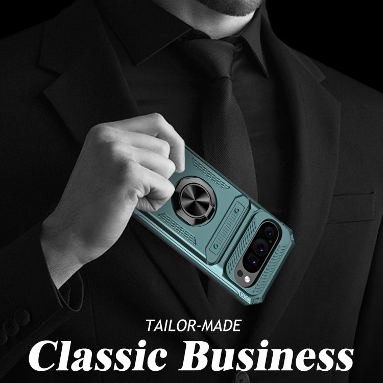 For Google Pixel 9 Pro XL TPU Hybrid PC Shockproof Card Phone Case with Metal Ring Holder(Green) by buy2fix