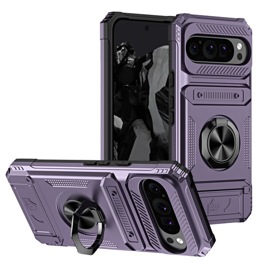 For Google Pixel 9 / 9 Pro TPU Hybrid PC Shockproof Card Phone Case with Metal Ring Holder(Purple) by buy2fix