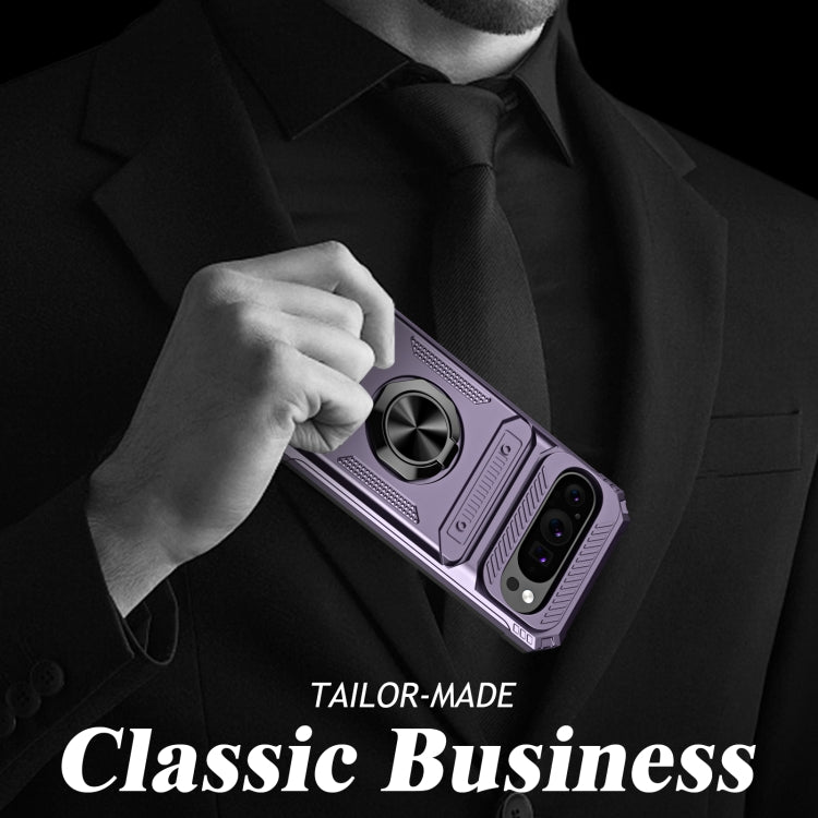 For Google Pixel 9 / 9 Pro TPU Hybrid PC Shockproof Card Phone Case with Metal Ring Holder(Purple) by buy2fix