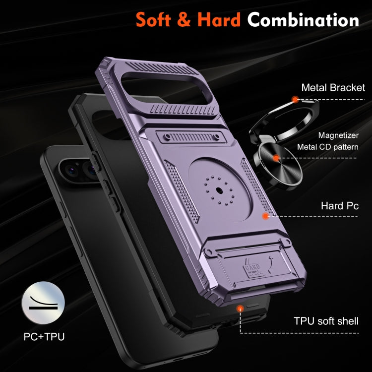 For Google Pixel 9 / 9 Pro TPU Hybrid PC Shockproof Card Phone Case with Metal Ring Holder(Purple) by buy2fix