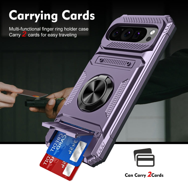 For Google Pixel 9 / 9 Pro TPU Hybrid PC Shockproof Card Phone Case with Metal Ring Holder(Purple) by buy2fix