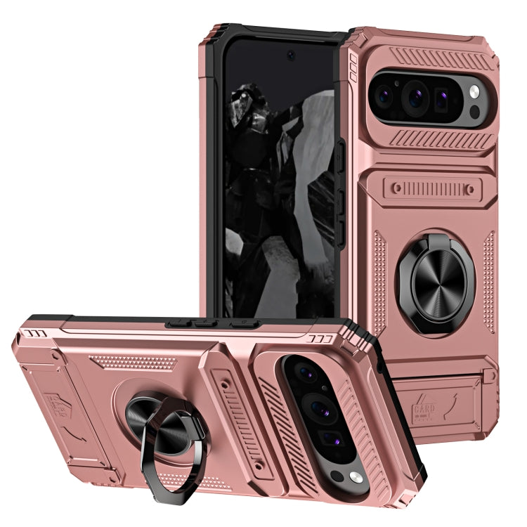 For Google Pixel 9 / 9 Pro TPU Hybrid PC Shockproof Card Phone Case with Metal Ring Holder(Rose Gold) by buy2fix