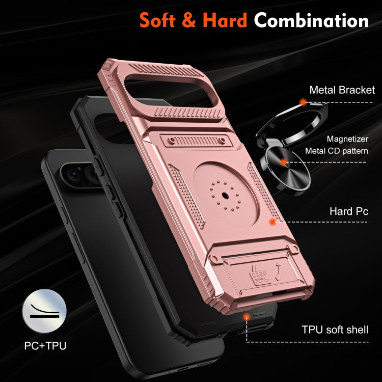 For Google Pixel 9 / 9 Pro TPU Hybrid PC Shockproof Card Phone Case with Metal Ring Holder(Rose Gold) by buy2fix