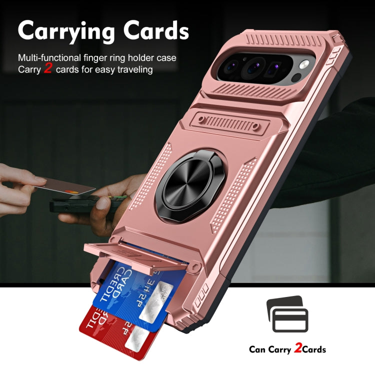 For Google Pixel 9 / 9 Pro TPU Hybrid PC Shockproof Card Phone Case with Metal Ring Holder(Rose Gold) by buy2fix