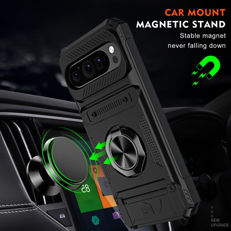 For Google Pixel 9 / 9 Pro TPU Hybrid PC Shockproof Card Phone Case with Metal Ring Holder(Black) by buy2fix
