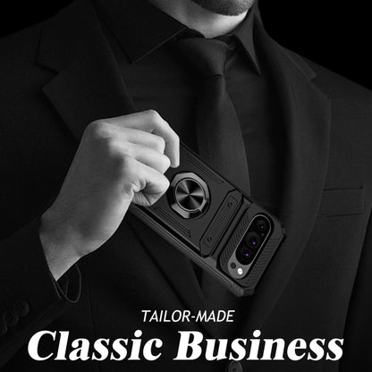 For Google Pixel 9 / 9 Pro TPU Hybrid PC Shockproof Card Phone Case with Metal Ring Holder(Black) by buy2fix