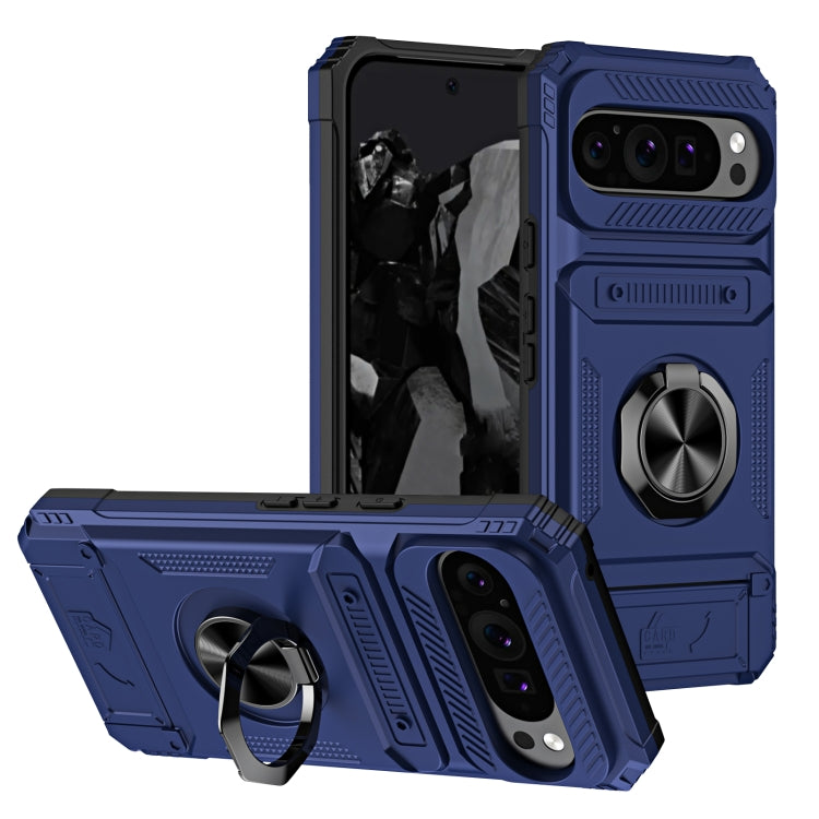 For Google Pixel 9 / 9 Pro TPU Hybrid PC Shockproof Card Phone Case with Metal Ring Holder(Blue) by buy2fix
