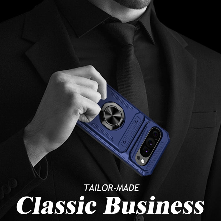 For Google Pixel 9 / 9 Pro TPU Hybrid PC Shockproof Card Phone Case with Metal Ring Holder(Blue) by buy2fix