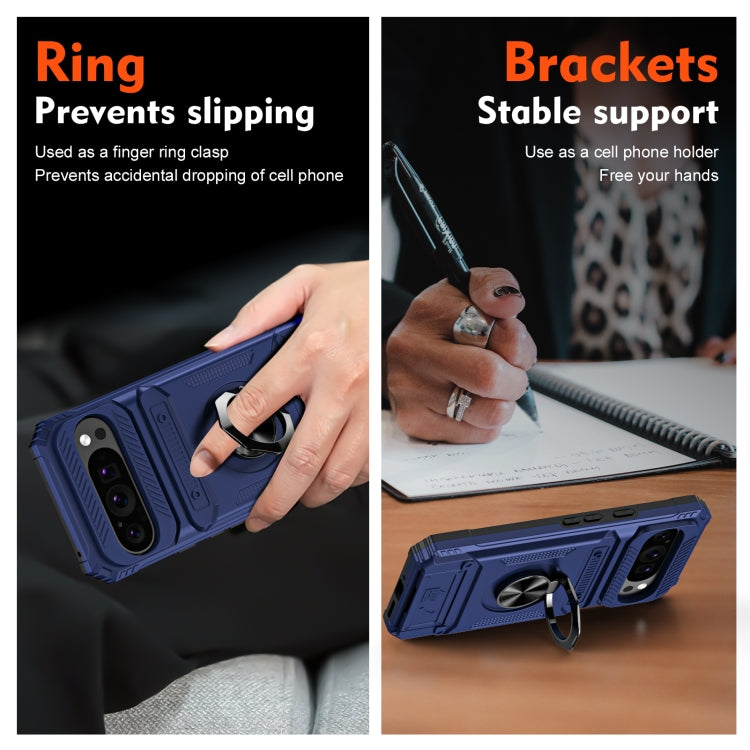 For Google Pixel 9 / 9 Pro TPU Hybrid PC Shockproof Card Phone Case with Metal Ring Holder(Blue) by buy2fix