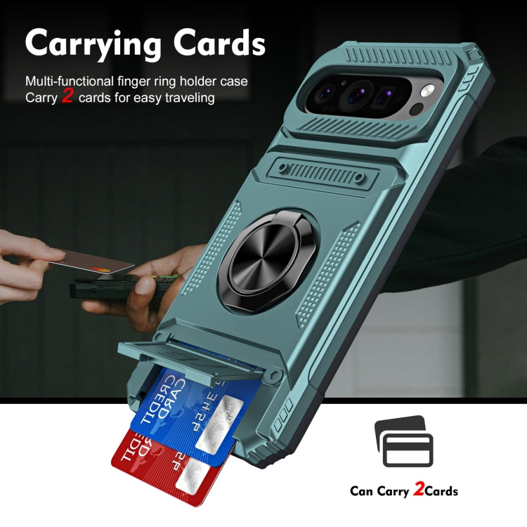 For Google Pixel 9 / 9 Pro TPU Hybrid PC Shockproof Card Phone Case with Metal Ring Holder(Green) by buy2fix