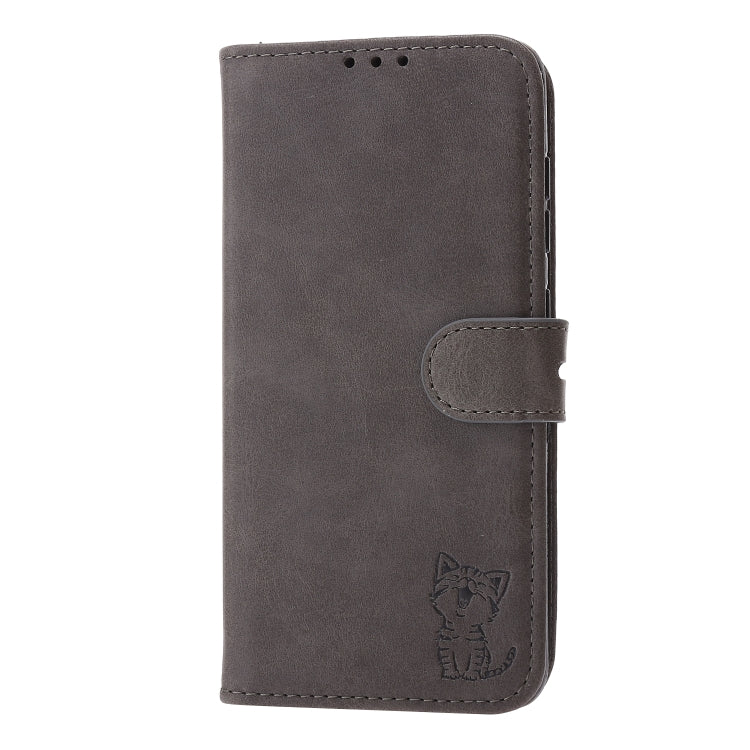 For Samsung Galaxy S25 5G Embossed Happy Cat Pattern Flip Leather Phone Case(Grey) by buy2fix