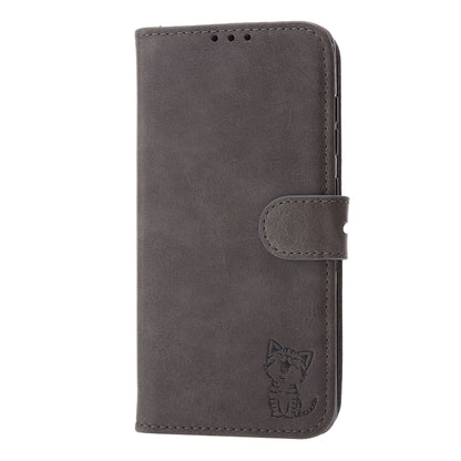 For Samsung Galaxy S25 5G Embossed Happy Cat Pattern Flip Leather Phone Case(Grey) by buy2fix