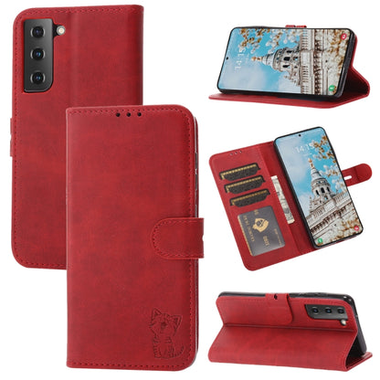 For Samsung Galaxy S25+ 5G Embossed Happy Cat Pattern Flip Leather Phone Case(Red) by buy2fix