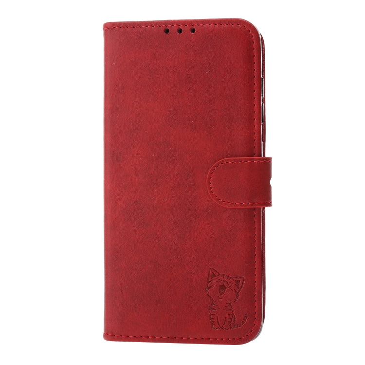 For Samsung Galaxy S25+ 5G Embossed Happy Cat Pattern Flip Leather Phone Case(Red) by buy2fix