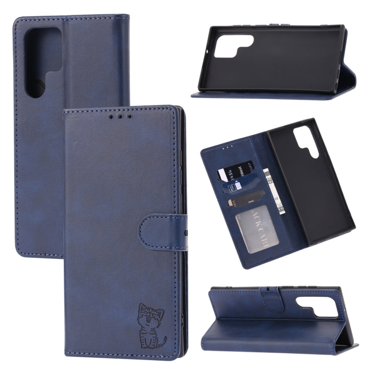 For Samsung Galaxy S25 Ultra 5G Embossed Happy Cat Pattern Flip Leather Phone Case(Blue) by buy2fix