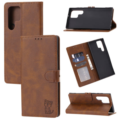 For Samsung Galaxy S25 Ultra 5G Embossed Happy Cat Pattern Flip Leather Phone Case(Brown) by buy2fix