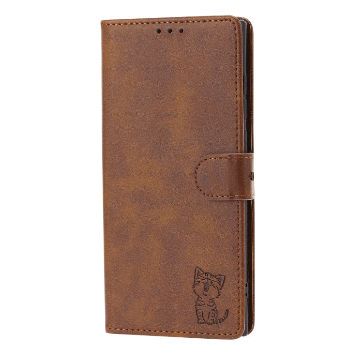 For Samsung Galaxy S25 Ultra 5G Embossed Happy Cat Pattern Flip Leather Phone Case(Brown) by buy2fix