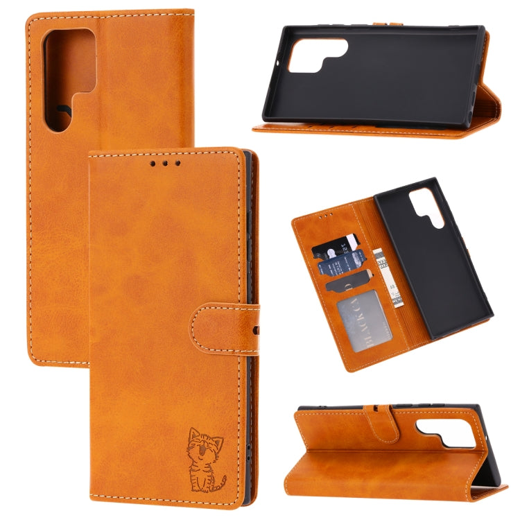 For Samsung Galaxy S25 Ultra 5G Embossed Happy Cat Pattern Flip Leather Phone Case(Yellow) by buy2fix