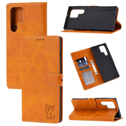 For Samsung Galaxy S25 Ultra 5G Embossed Happy Cat Pattern Flip Leather Phone Case(Yellow) by buy2fix