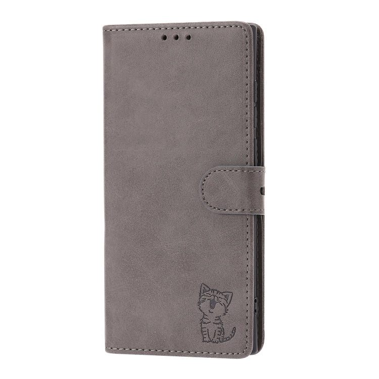 For Samsung Galaxy S25 Ultra 5G Embossed Happy Cat Pattern Flip Leather Phone Case(Grey) by buy2fix