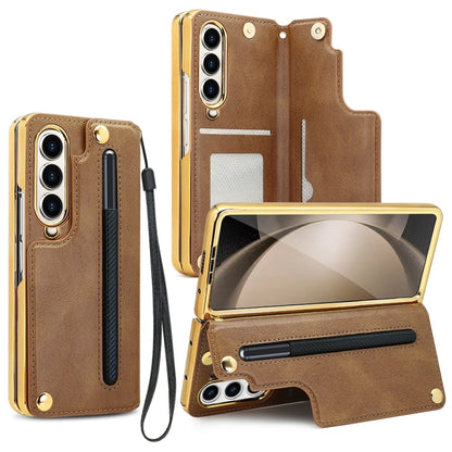 For Samsung Galaxy Z Fold4 VIETAO Film Integrated Folding Holder Flip PU Phone Case(Brown) - Galaxy Z Fold4 5G Cases by VIETAO | Online Shopping UK | buy2fix