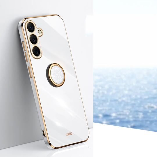 For Samsung Galaxy S25 5G XINLI Straight Edge 6D Electroplate TPU Phone Case with Ring Holder(White)