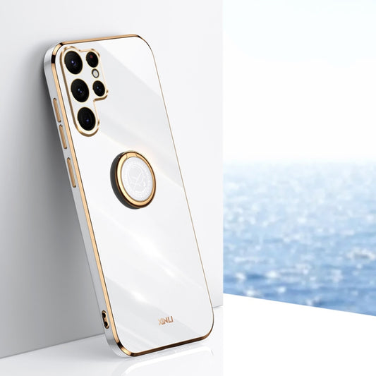 For Samsung Galaxy S25 Ultra 5G XINLI Straight Edge 6D Electroplate TPU Phone Case with Ring Holder(White) - Galaxy S25 Ultra 5G Cases by XINLI | Online Shopping UK | buy2fix