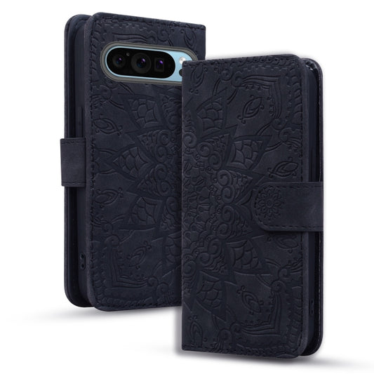 For Google Pixel 10 / 9 / 9 Pro Mandala Embossed Dual-Fold Calf Leather Phone Case(Black) by buy2fix