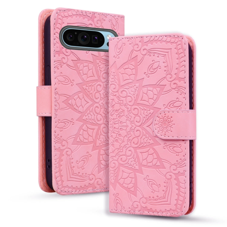 For Google Pixel 10 / 9 / 9 Pro Mandala Embossed Dual-Fold Calf Leather Phone Case(Pink) by buy2fix