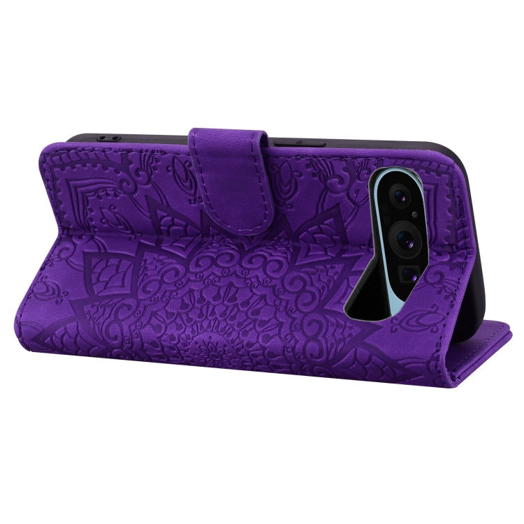 For Google Pixel 10 / 9 / 9 Pro Mandala Embossed Dual-Fold Calf Leather Phone Case(Purple) by buy2fix