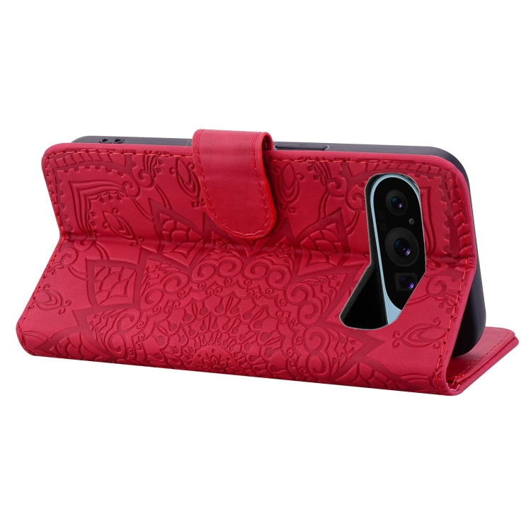 For Google Pixel 10 / 9 / 9 Pro Mandala Embossed Dual-Fold Calf Leather Phone Case(Red) by buy2fix