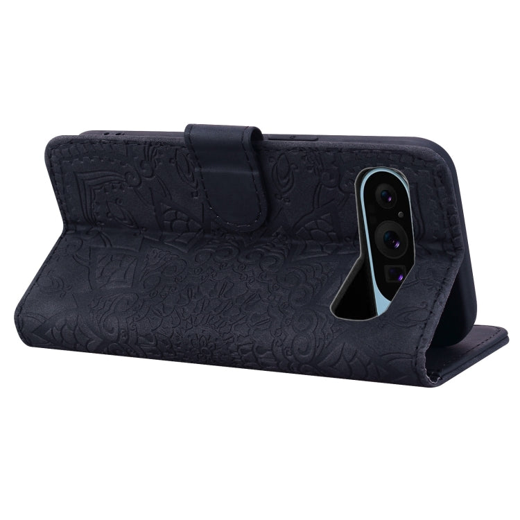 For Google Pixel 9 Pro XL / 10 Pro XL Mandala Embossed Dual-Fold Calf Leather Phone Case(Black) by buy2fix