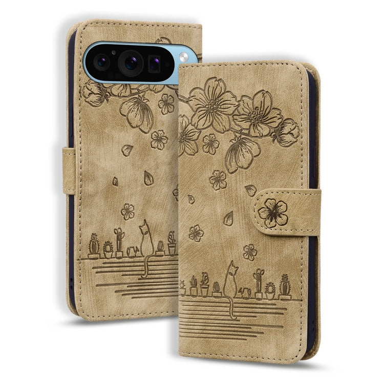 For Google Pixel 10 / 9 / 9 Pro Cartoon Sakura Cat Embossed Leather Phone Case(Brown) by buy2fix