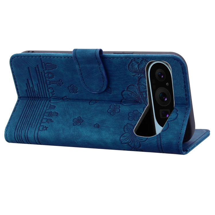 For Google Pixel 10 / 9 / 9 Pro Cartoon Sakura Cat Embossed Leather Phone Case(Blue) by buy2fix