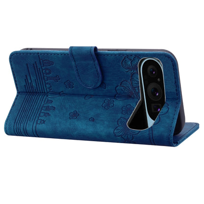 For Google Pixel 10 / 9 / 9 Pro Cartoon Sakura Cat Embossed Leather Phone Case(Blue) by buy2fix