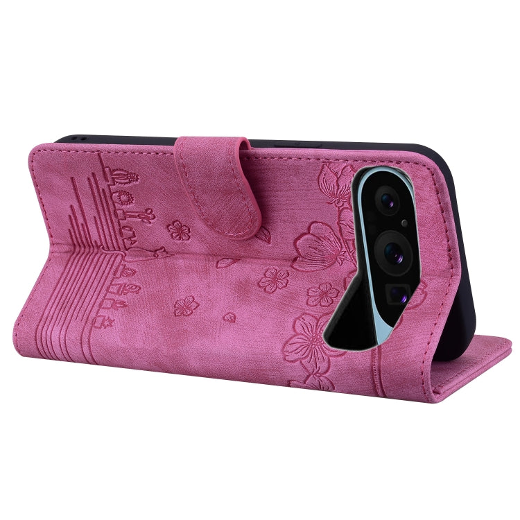 For Google Pixel 10 / 9 / 9 Pro Cartoon Sakura Cat Embossed Leather Phone Case(Rose Red) by buy2fix