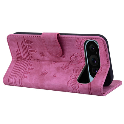 For Google Pixel 10 / 9 / 9 Pro Cartoon Sakura Cat Embossed Leather Phone Case(Rose Red) by buy2fix