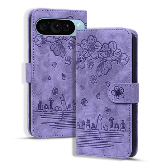 For Google Pixel 10 / 9 / 9 Pro Cartoon Sakura Cat Embossed Leather Phone Case(Purple) by buy2fix