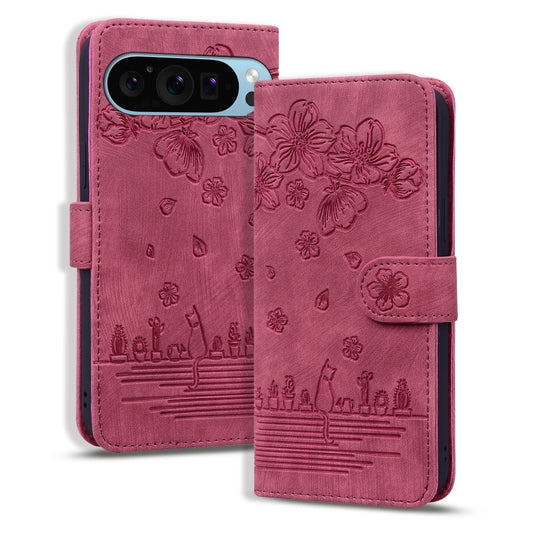 For Google Pixel 10 / 9 / 9 Pro Cartoon Sakura Cat Embossed Leather Phone Case(Red) by buy2fix